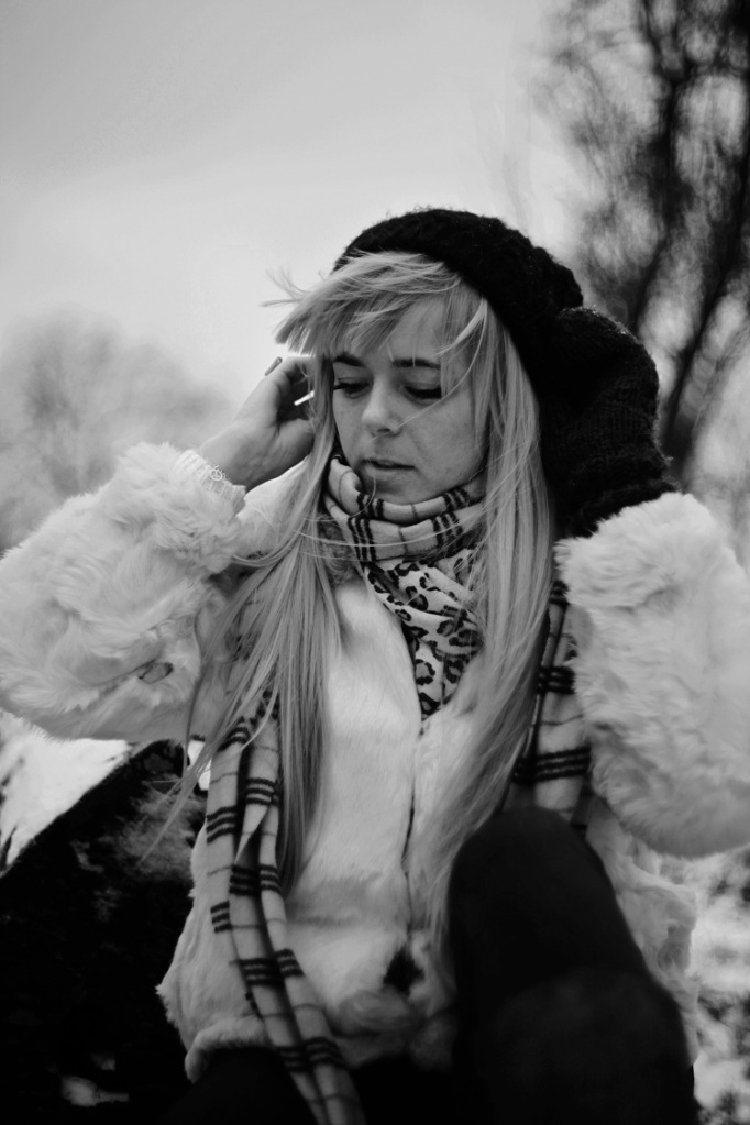 black and white, B&W, girl, model, shoot, photography, portrait, fashion shoot, coat, white , winter, casual, no colours , hat, wind windy 